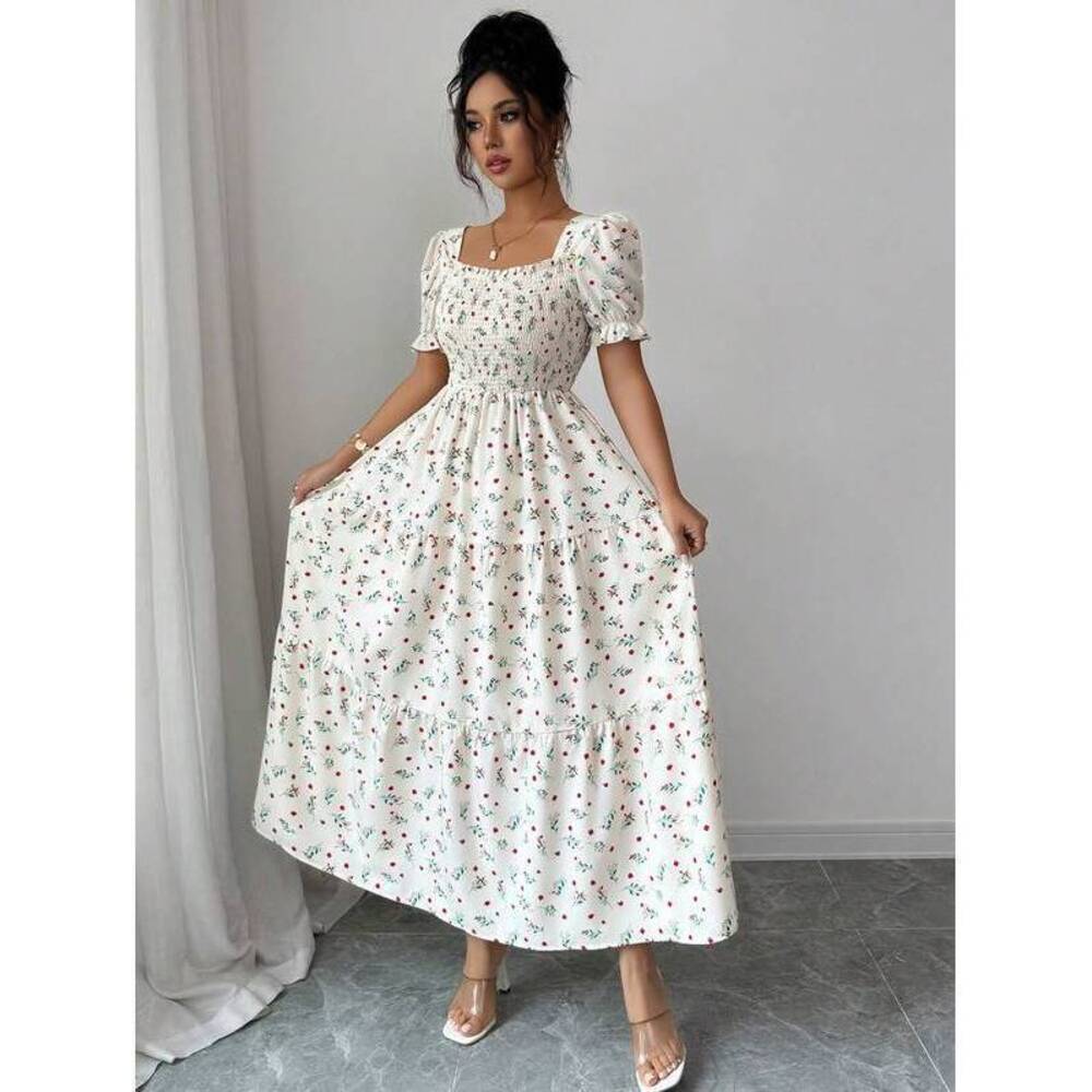 Elenzga Floral Square Collar Cinched Waist A-Line Pa - Picture 5 of 7
